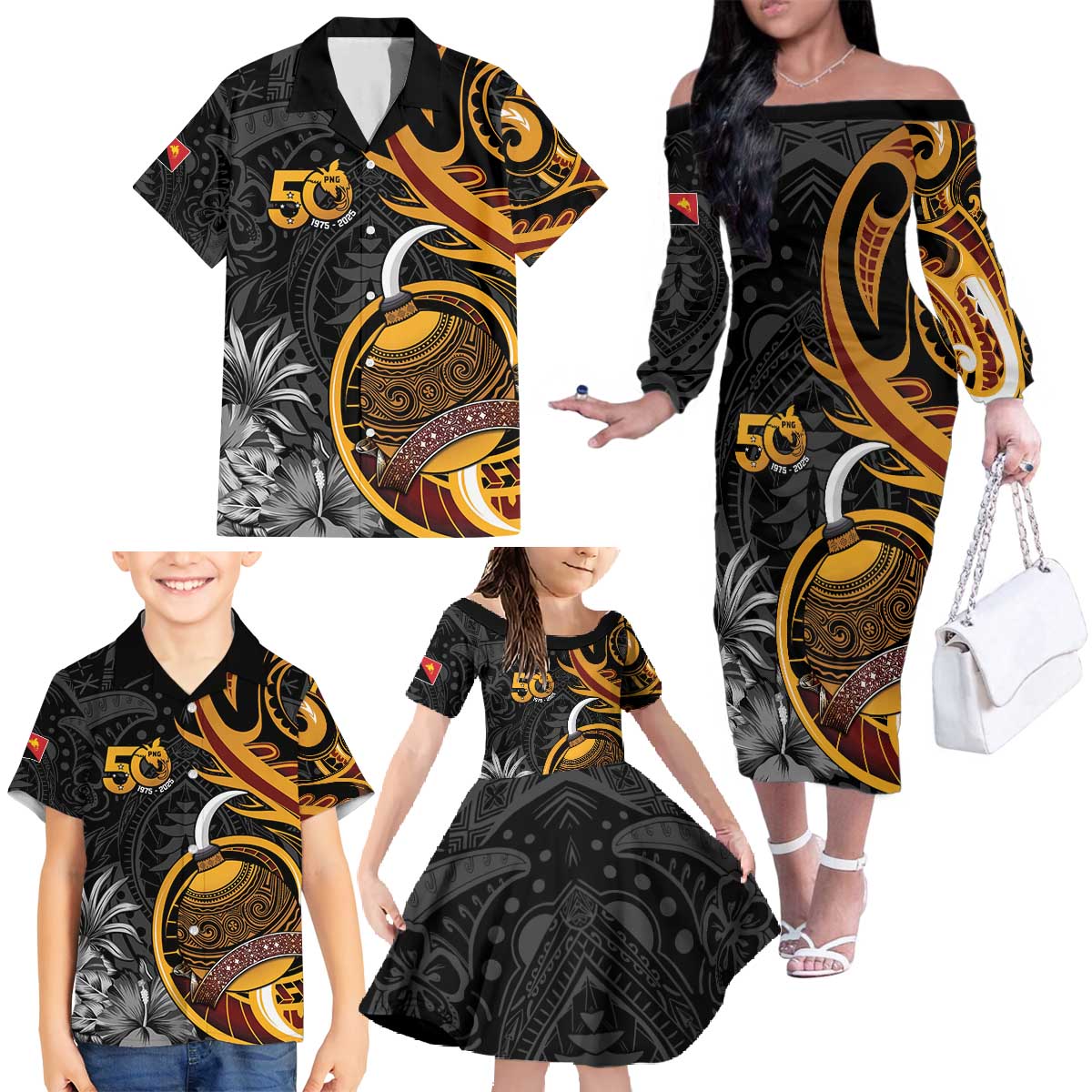 Personalised Papua New Guinea Family Matching Off The Shoulder Long Sleeve Dress and Hawaiian Shirt Happy 50th Independence Anniversary LT05 - Polynesian Pride