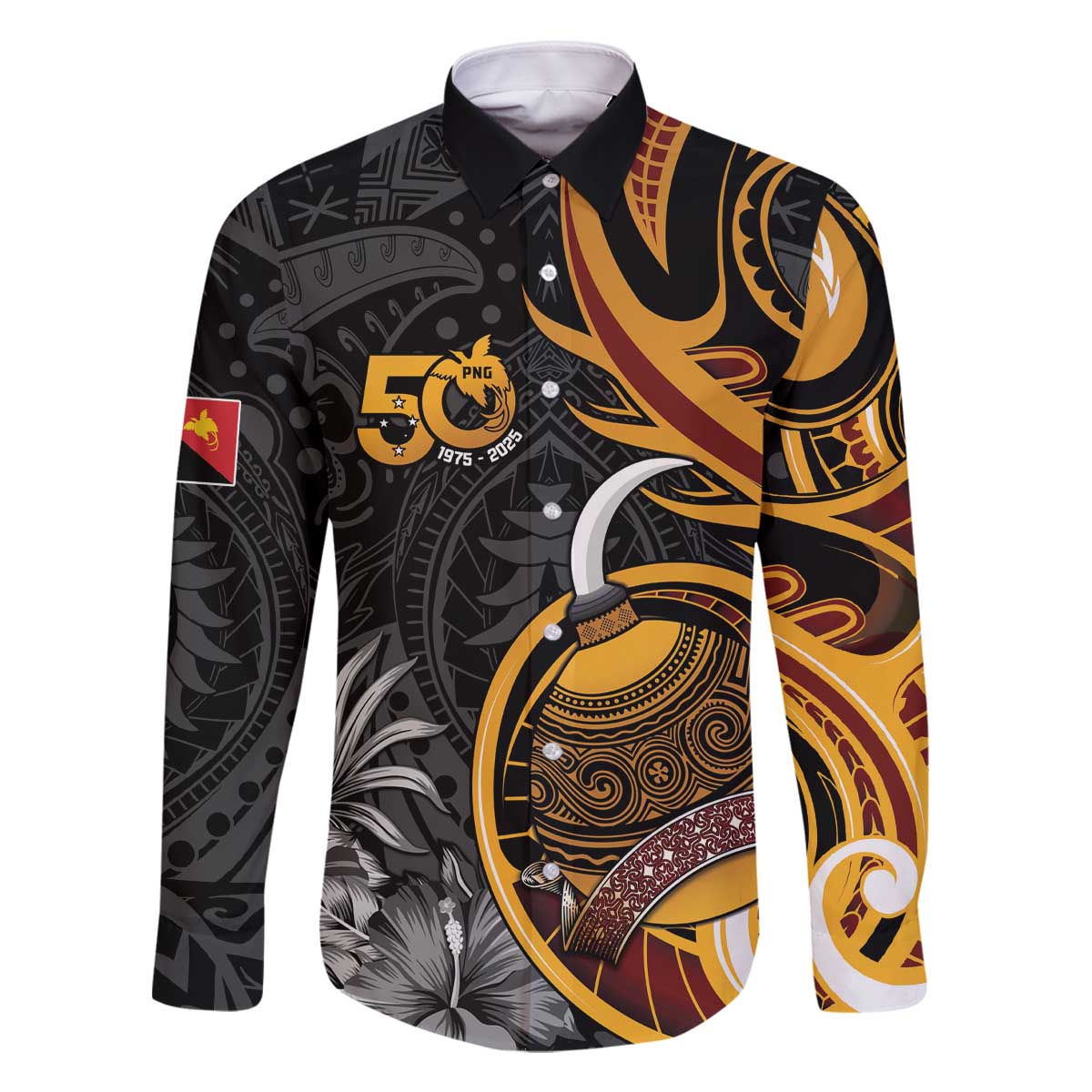 Personalised Papua New Guinea Family Matching Off The Shoulder Long Sleeve Dress and Hawaiian Shirt Happy 50th Independence Anniversary LT05 Dad's Shirt - Long Sleeve Black - Polynesian Pride