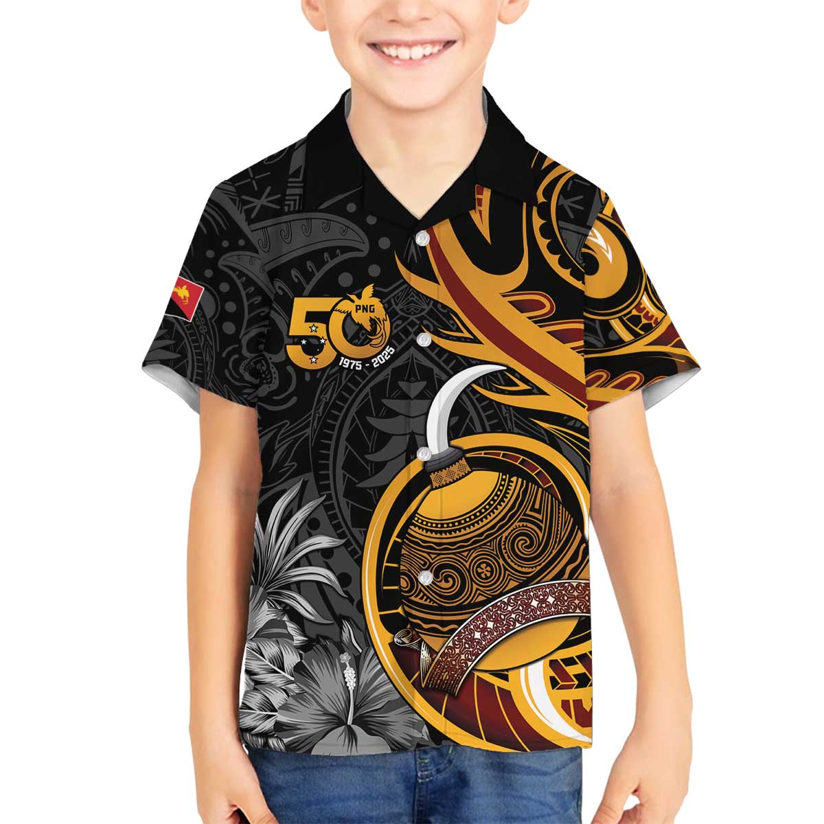 Personalised Papua New Guinea Family Matching Off The Shoulder Long Sleeve Dress and Hawaiian Shirt Happy 50th Independence Anniversary LT05 Son's Shirt Black - Polynesian Pride