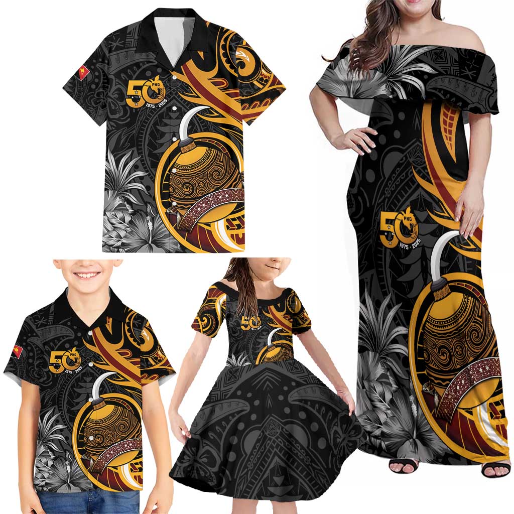 Personalised Papua New Guinea Family Matching Off Shoulder Maxi Dress and Hawaiian Shirt Happy 50th Independence Anniversary LT05 - Polynesian Pride