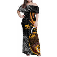 Personalised Papua New Guinea Family Matching Off Shoulder Maxi Dress and Hawaiian Shirt Happy 50th Independence Anniversary LT05 Mom's Dress Black - Polynesian Pride