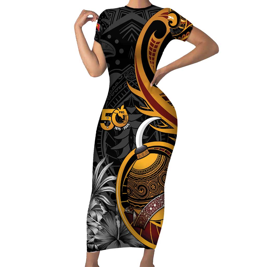 Personalised Papua New Guinea Family Matching Short Sleeve Bodycon Dress and Hawaiian Shirt Happy 50th Independence Anniversary LT05 Mom's Dress Black - Polynesian Pride