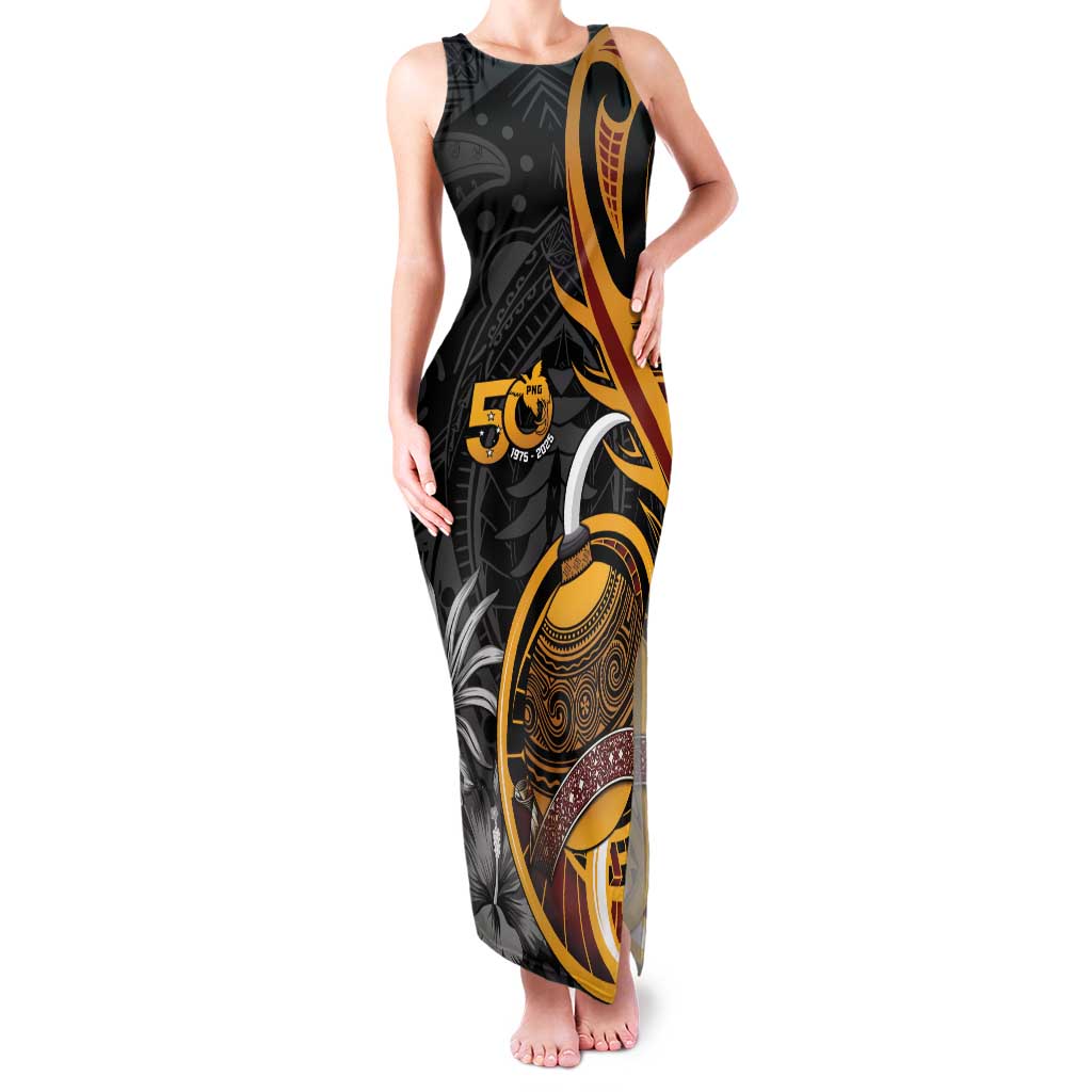 Personalised Papua New Guinea Family Matching Tank Maxi Dress and Hawaiian Shirt Happy 50th Independence Anniversary LT05 Mom's Dress Black - Polynesian Pride