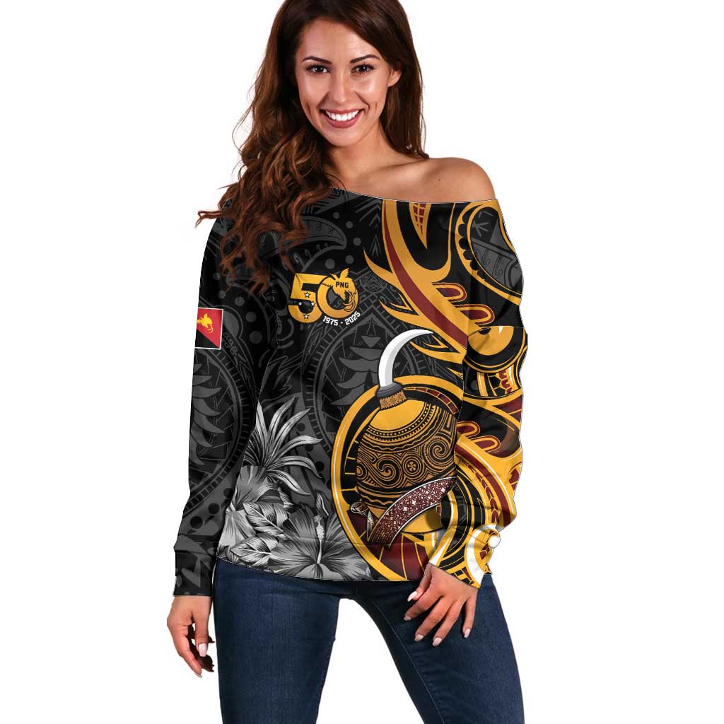 Personalised Papua New Guinea Off Shoulder Sweater Happy 50th Independence Anniversary - Polynesian Pride
