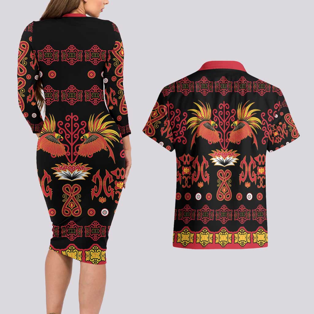 Papua Batik Motif Couples Matching Long Sleeve Bodycon Dress and Hawaiian Shirt Papua Spirit Black Version LT05 - Polynesian Pride