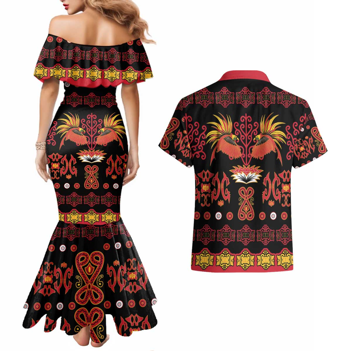 Papua Batik Motif Couples Matching Mermaid Dress and Hawaiian Shirt Papua Spirit Black Version - Polynesian Pride