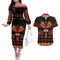 Papua Batik Motif Couples Matching Off The Shoulder Long Sleeve Dress and Hawaiian Shirt Papua Spirit Black Version LT05 Black - Polynesian Pride