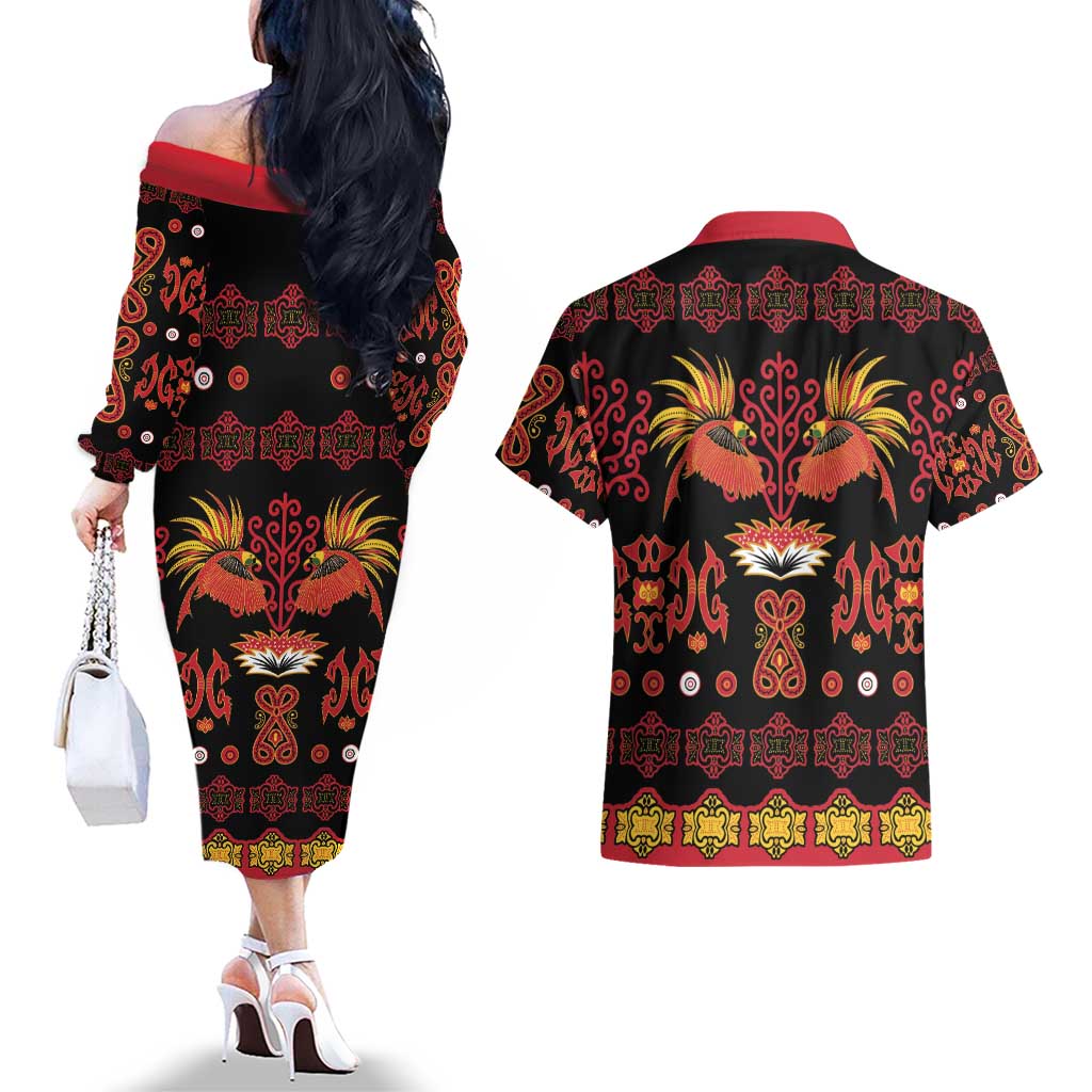 Papua Batik Motif Couples Matching Off The Shoulder Long Sleeve Dress and Hawaiian Shirt Papua Spirit Black Version LT05 - Polynesian Pride
