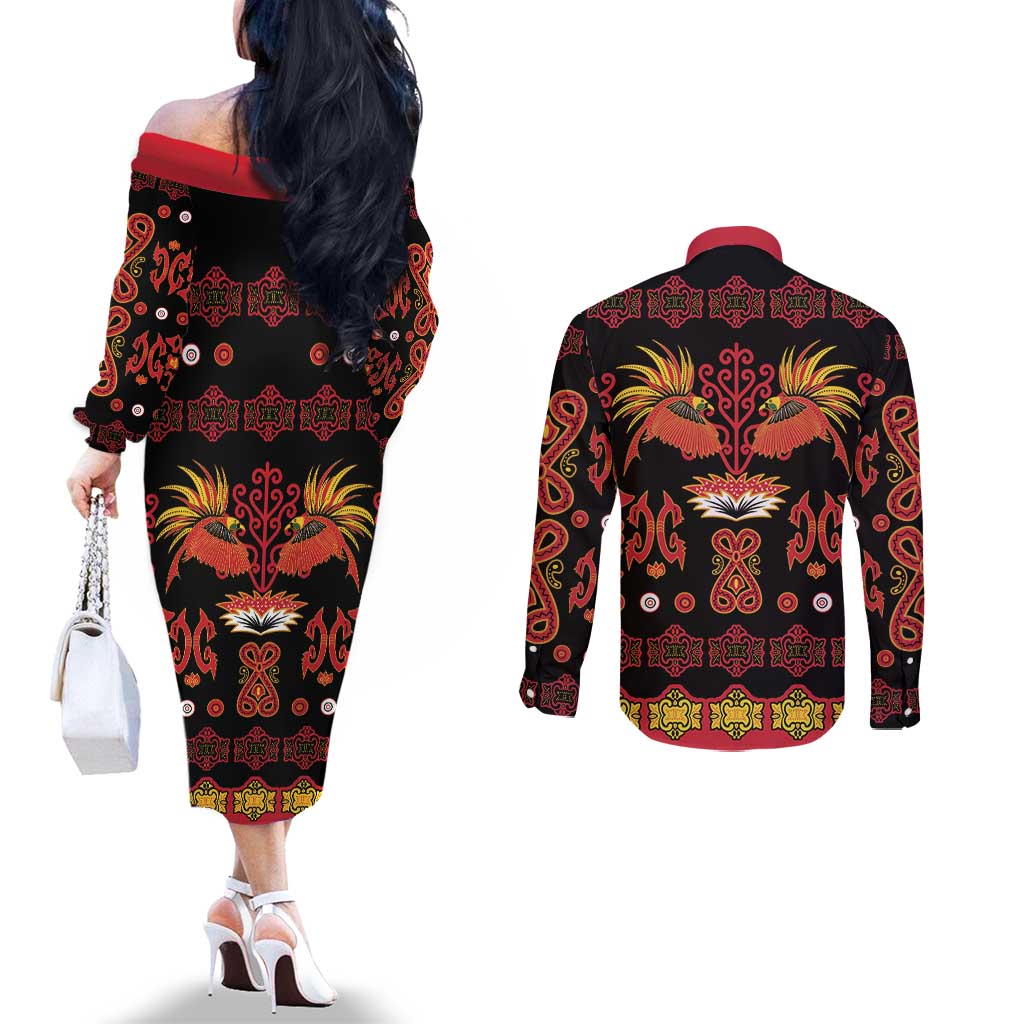 Papua Batik Motif Couples Matching Off The Shoulder Long Sleeve Dress and Long Sleeve Button Shirt Papua Spirit Black Version - Polynesian Pride