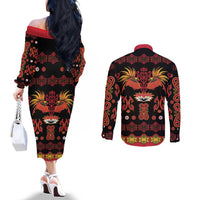 Papua Batik Motif Couples Matching Off The Shoulder Long Sleeve Dress and Long Sleeve Button Shirt Papua Spirit Black Version - Polynesian Pride