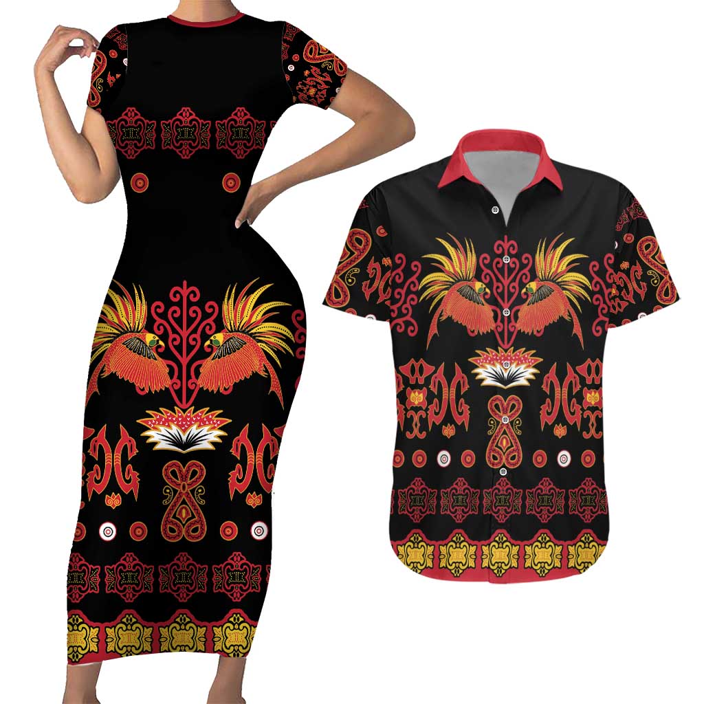 Papua Batik Motif Couples Matching Short Sleeve Bodycon Dress and Hawaiian Shirt Papua Spirit Black Version LT05 Black - Polynesian Pride