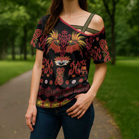 Papua Batik Motif Cross Shoulder Shirt Papua Spirit Black Version - Polynesian Pride