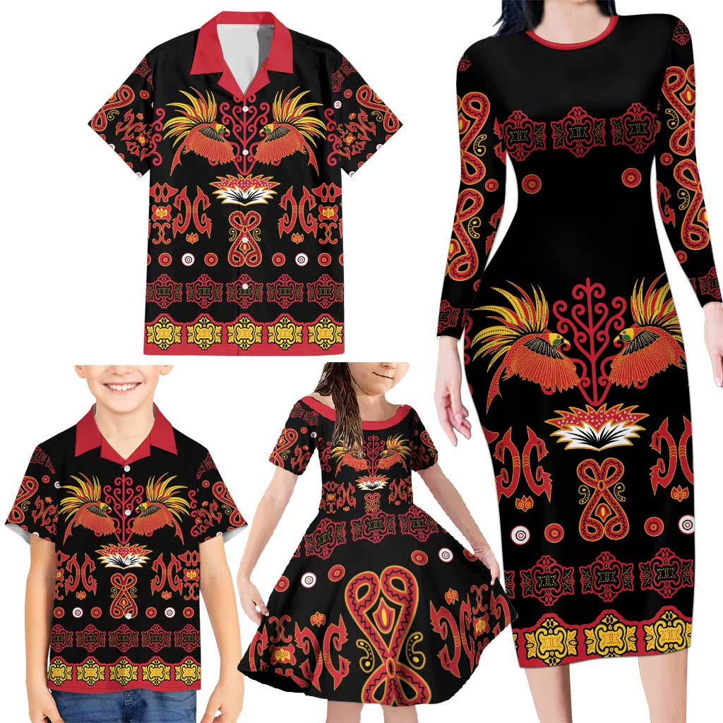Papua Batik Motif Family Matching Long Sleeve Bodycon Dress and Hawaiian Shirt Papua Spirit Black Version LT05 - Polynesian Pride