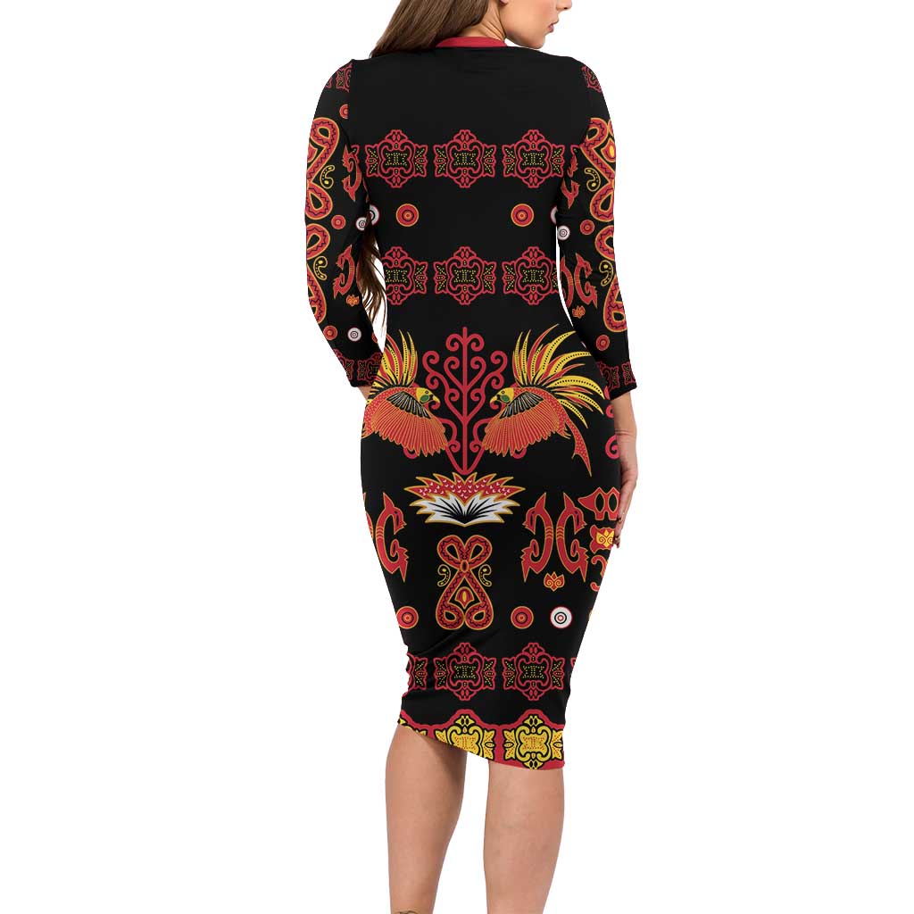 Papua Batik Motif Family Matching Long Sleeve Bodycon Dress and Hawaiian Shirt Papua Spirit Black Version LT05 - Polynesian Pride