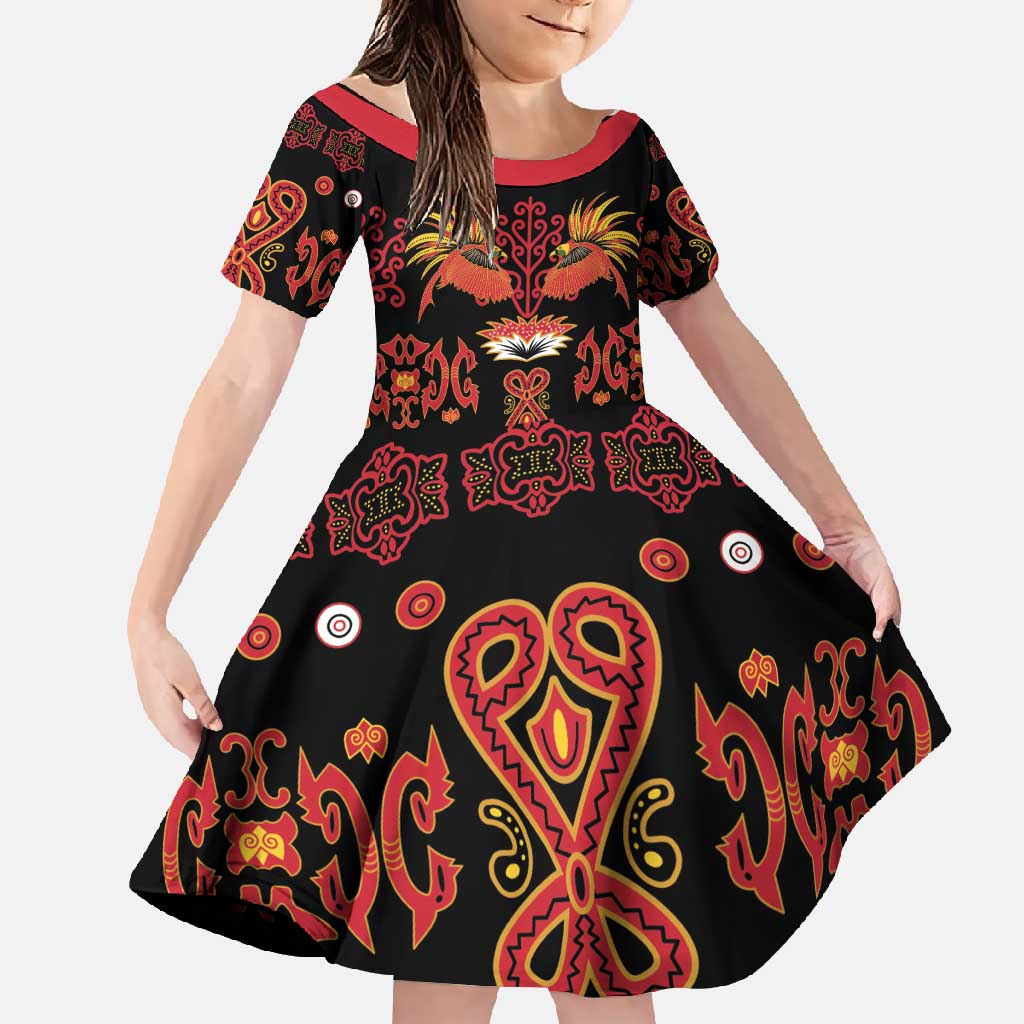 Papua Batik Motif Family Matching Mermaid Dress and Hawaiian Shirt Papua Spirit Black Version LT05 Daughter's Dress Black - Polynesian Pride