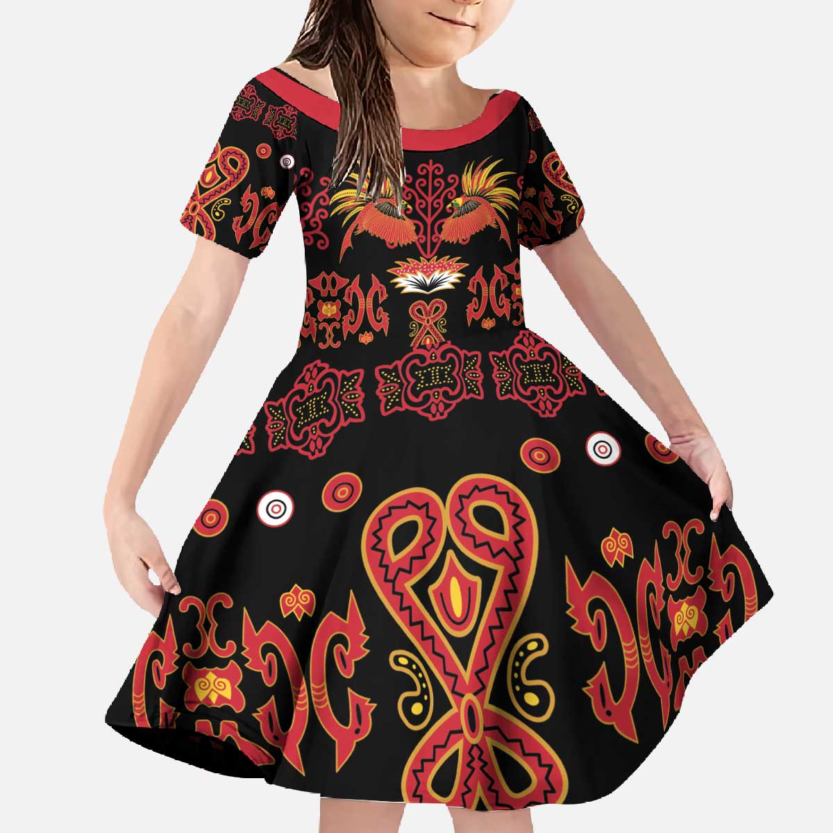 Papua Batik Motif Family Matching Off The Shoulder Long Sleeve Dress and Hawaiian Shirt Papua Spirit Black Version LT05 Daughter's Dress Black - Polynesian Pride