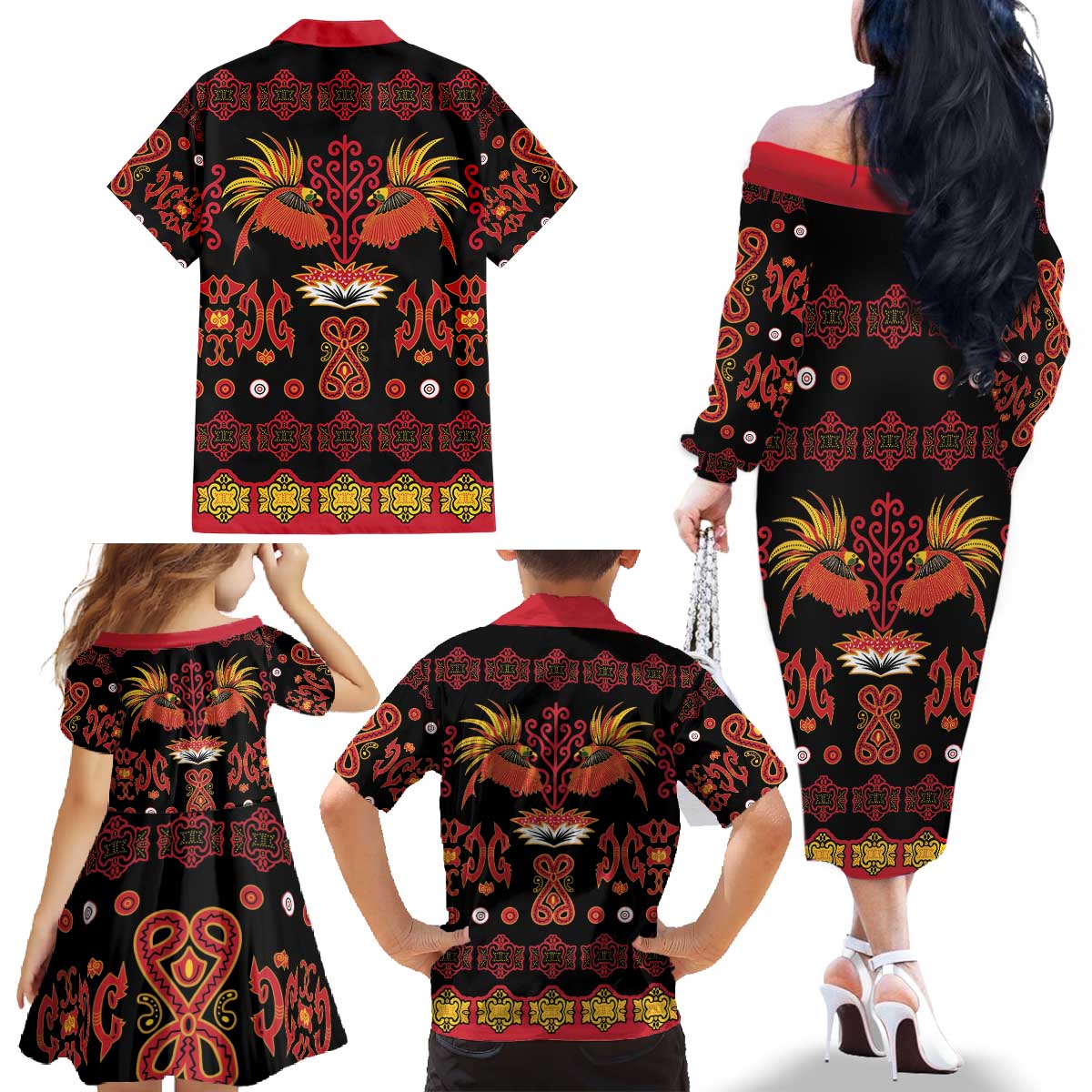 Papua Batik Motif Family Matching Off The Shoulder Long Sleeve Dress and Hawaiian Shirt Papua Spirit Black Version LT05 - Polynesian Pride