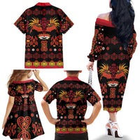 Papua Batik Motif Family Matching Off The Shoulder Long Sleeve Dress and Hawaiian Shirt Papua Spirit Black Version LT05 - Polynesian Pride