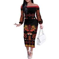 Papua Batik Motif Family Matching Off The Shoulder Long Sleeve Dress and Hawaiian Shirt Papua Spirit Black Version LT05 Mom's Dress Black - Polynesian Pride