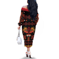 Papua Batik Motif Family Matching Off The Shoulder Long Sleeve Dress and Hawaiian Shirt Papua Spirit Black Version LT05 - Polynesian Pride