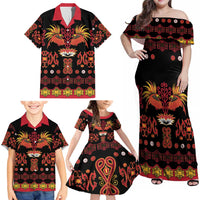 Papua Batik Motif Family Matching Off Shoulder Maxi Dress and Hawaiian Shirt Papua Spirit Black Version LT05 - Polynesian Pride