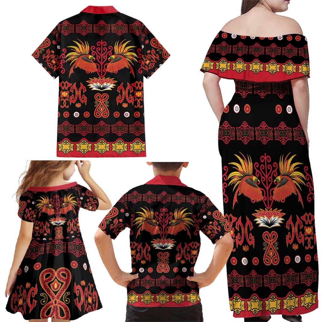 Papua Batik Motif Family Matching Off Shoulder Maxi Dress and Hawaiian Shirt Papua Spirit Black Version LT05 - Polynesian Pride