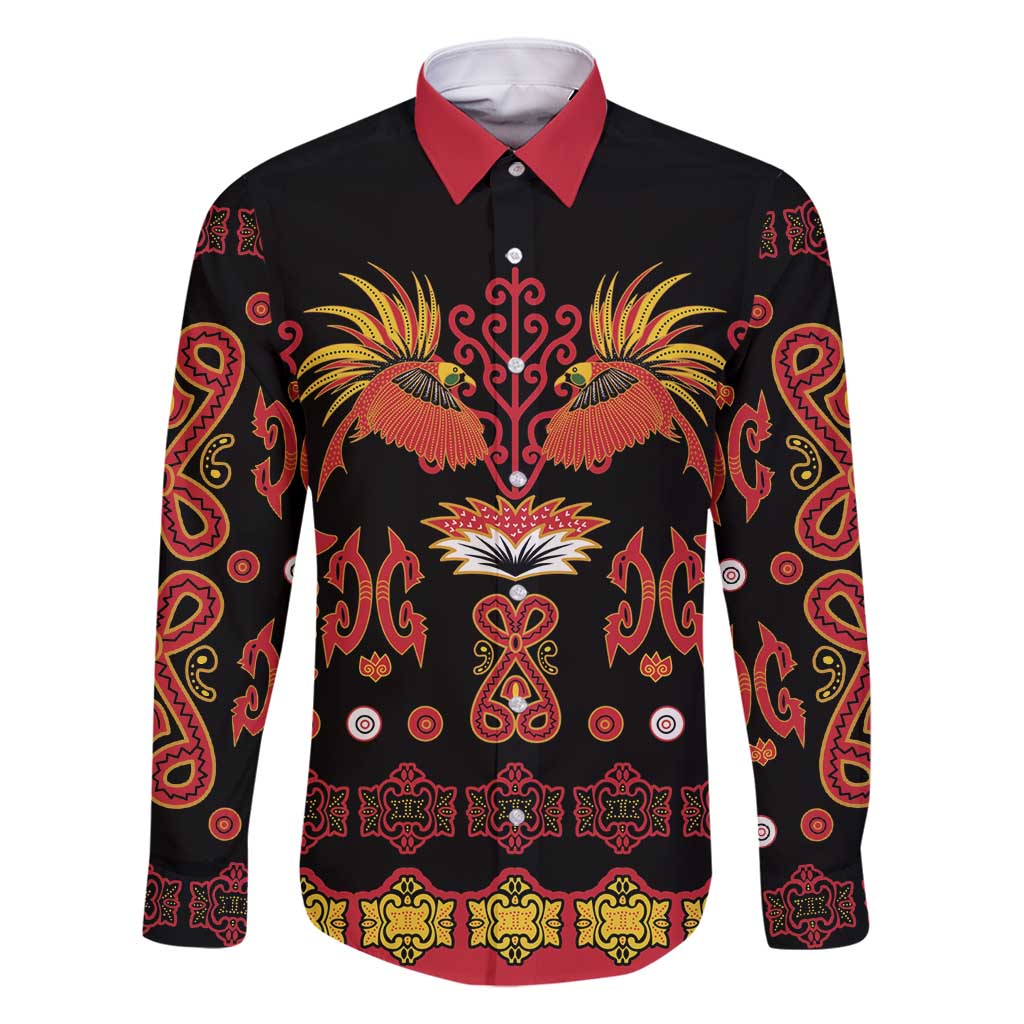 Papua Batik Motif Family Matching Off Shoulder Maxi Dress and Hawaiian Shirt Papua Spirit Black Version LT05 Dad's Shirt - Long Sleeve Black - Polynesian Pride