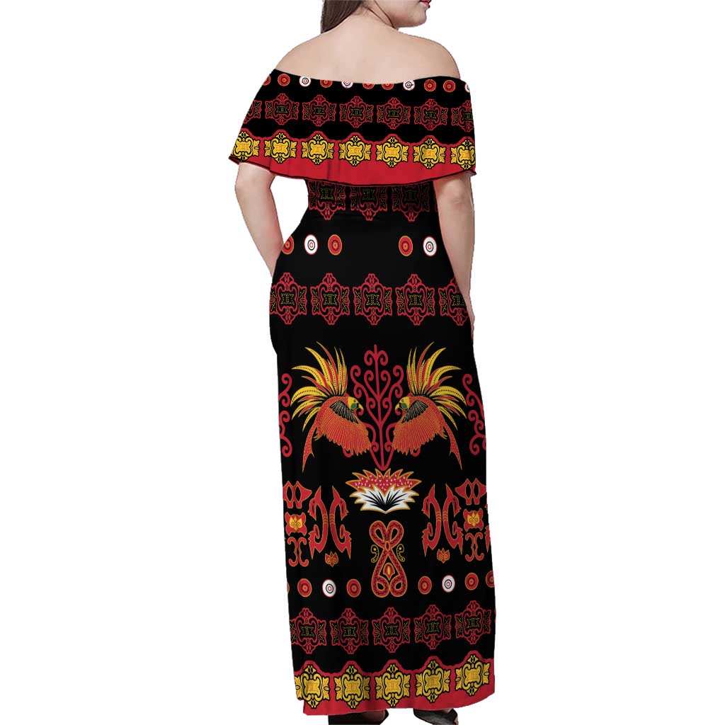 Papua Batik Motif Family Matching Off Shoulder Maxi Dress and Hawaiian Shirt Papua Spirit Black Version LT05 - Polynesian Pride