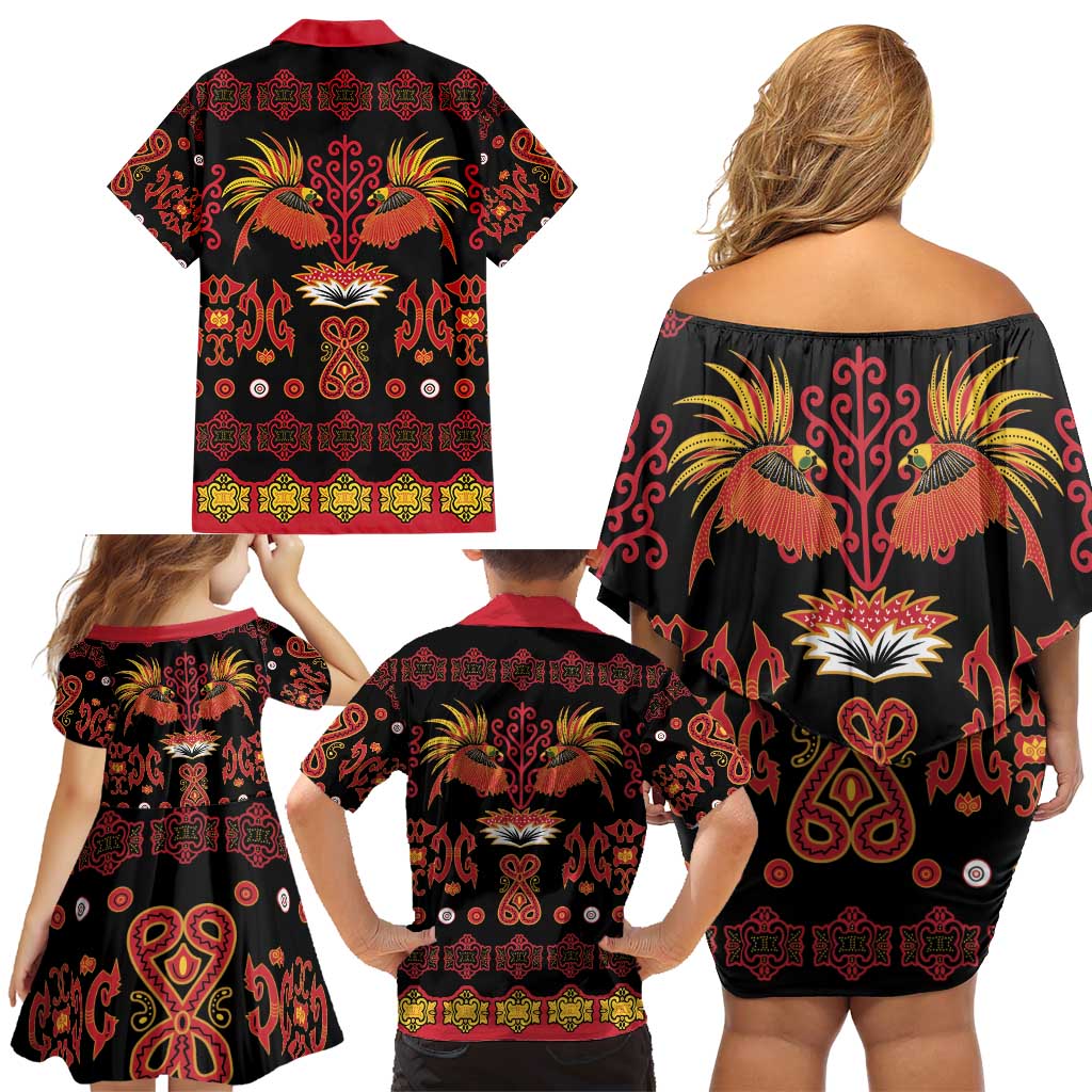 Papua Batik Motif Family Matching Off Shoulder Short Dress and Hawaiian Shirt Papua Spirit Black Version LT05 - Polynesian Pride