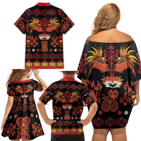 Papua Batik Motif Family Matching Off Shoulder Short Dress and Hawaiian Shirt Papua Spirit Black Version LT05 - Polynesian Pride