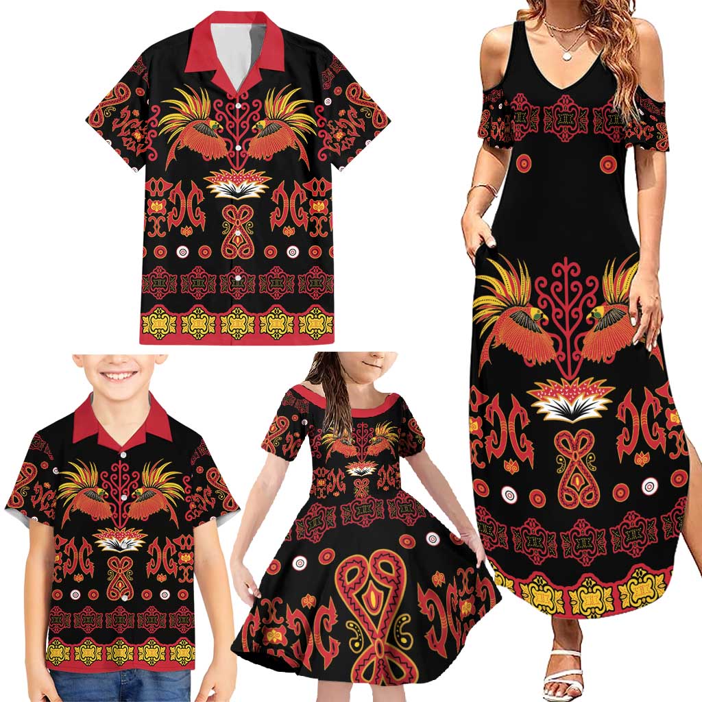 Papua Batik Motif Family Matching Summer Maxi Dress and Hawaiian Shirt Papua Spirit Black Version LT05 - Polynesian Pride