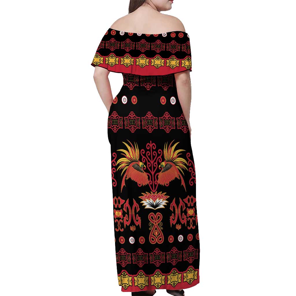 Papua Batik Motif Off Shoulder Maxi Dress Papua Spirit Black Version - Polynesian Pride