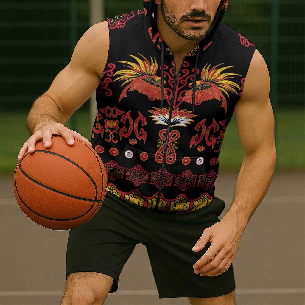 Papua Batik Motif Sleeveless Zip Hoodie Papua Spirit Black Version - Polynesian Pride