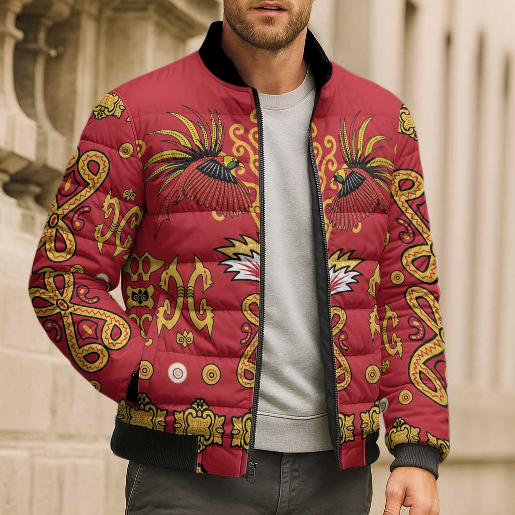 Papua Batik Motif Bomber Puffer Jacket Papua Spirit Red Version - Polynesian Pride