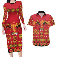 Papua Batik Motif Couples Matching Long Sleeve Bodycon Dress and Hawaiian Shirt Papua Spirit Red Version LT05 Red - Polynesian Pride