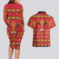 Papua Batik Motif Couples Matching Long Sleeve Bodycon Dress and Hawaiian Shirt Papua Spirit Red Version LT05 - Polynesian Pride