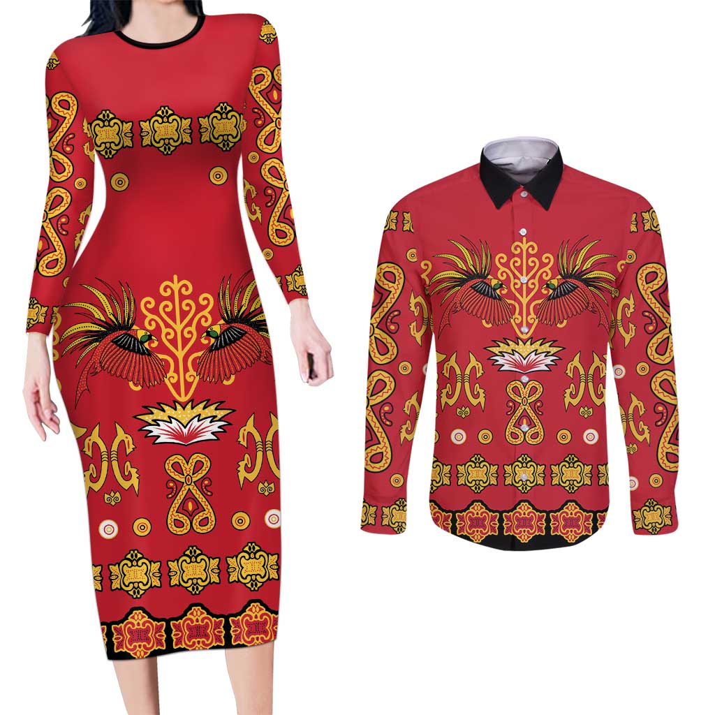 Papua Batik Motif Couples Matching Long Sleeve Bodycon Dress and Long Sleeve Button Shirt Papua Spirit Red Version - Polynesian Pride