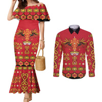 Papua Batik Motif Couples Matching Mermaid Dress and Long Sleeve Button Shirt Papua Spirit Red Version - Polynesian Pride