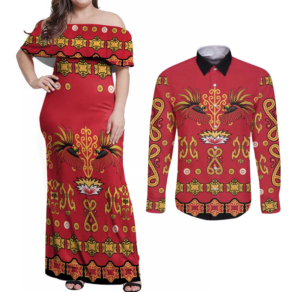 Papua Batik Motif Couples Matching Off Shoulder Maxi Dress and Long Sleeve Button Shirt Papua Spirit Red Version - Polynesian Pride