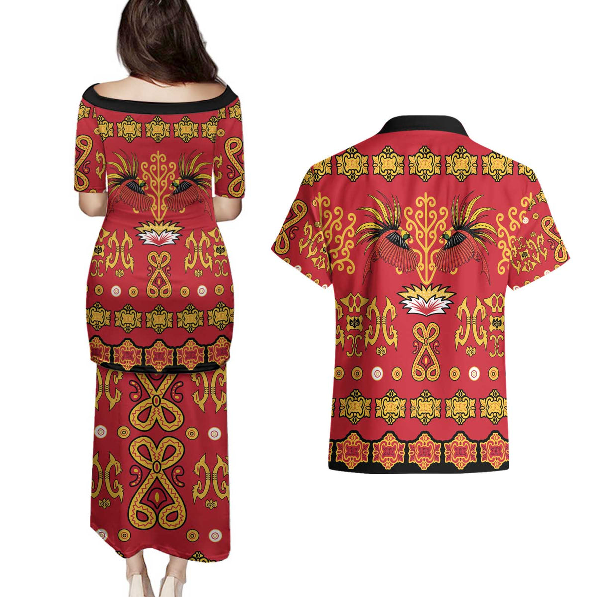Papua Batik Motif Couples Matching Puletasi and Hawaiian Shirt Papua Spirit Red Version - Polynesian Pride