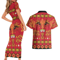 Papua Batik Motif Couples Matching Short Sleeve Bodycon Dress and Hawaiian Shirt Papua Spirit Red Version LT05 - Polynesian Pride