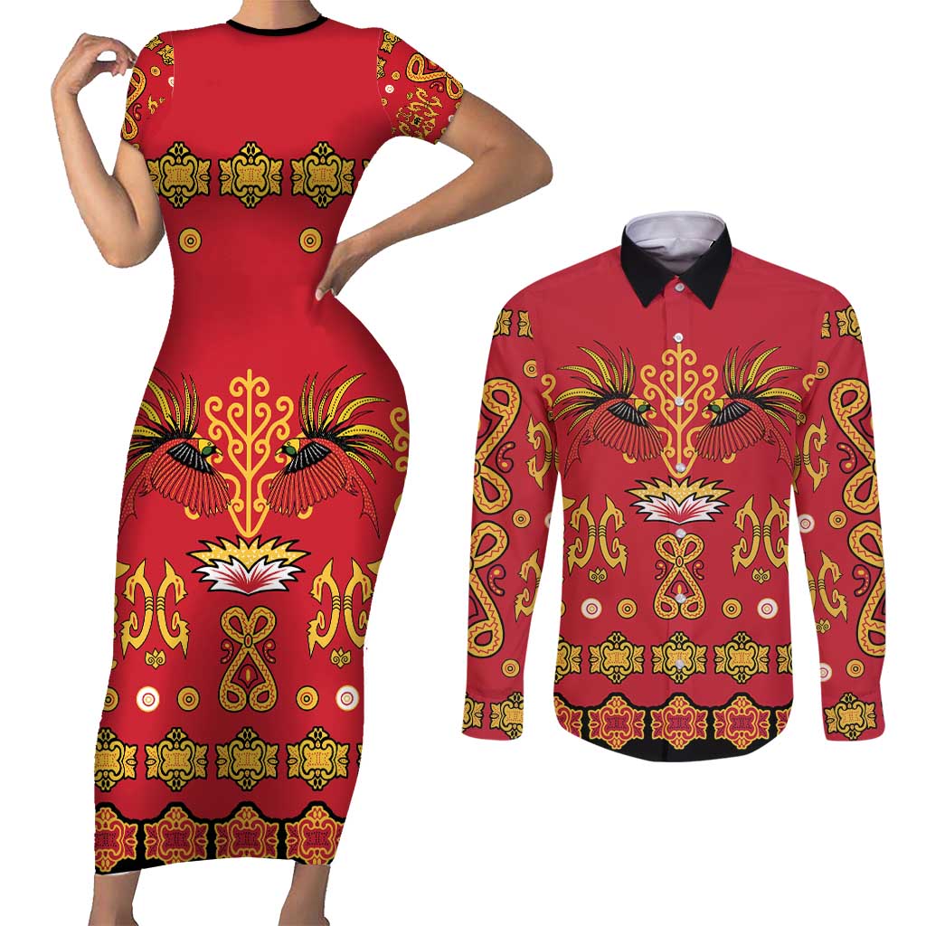 Papua Batik Motif Couples Matching Short Sleeve Bodycon Dress and Long Sleeve Button Shirt Papua Spirit Red Version - Polynesian Pride