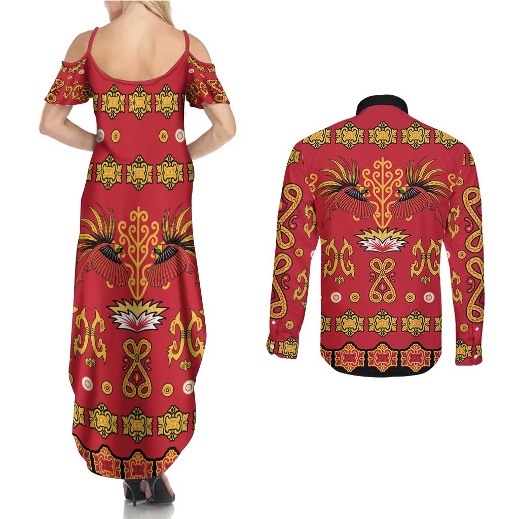 Papua Batik Motif Couples Matching Summer Maxi Dress and Long Sleeve Button Shirt Papua Spirit Red Version - Polynesian Pride