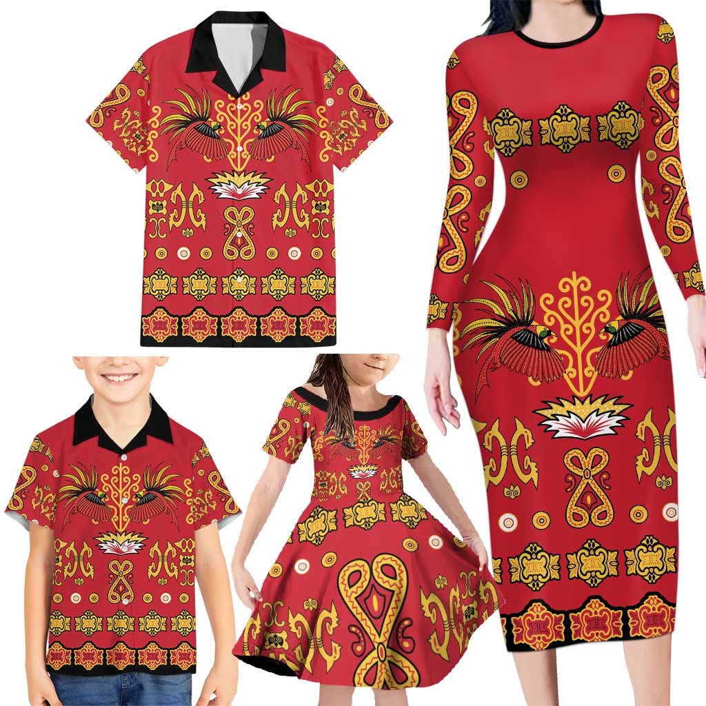 Papua Batik Motif Family Matching Long Sleeve Bodycon Dress and Hawaiian Shirt Papua Spirit Red Version LT05 - Polynesian Pride