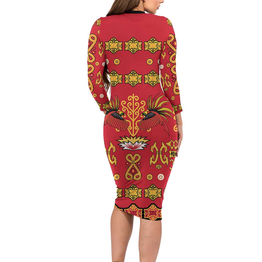 Papua Batik Motif Family Matching Long Sleeve Bodycon Dress and Hawaiian Shirt Papua Spirit Red Version LT05 - Polynesian Pride