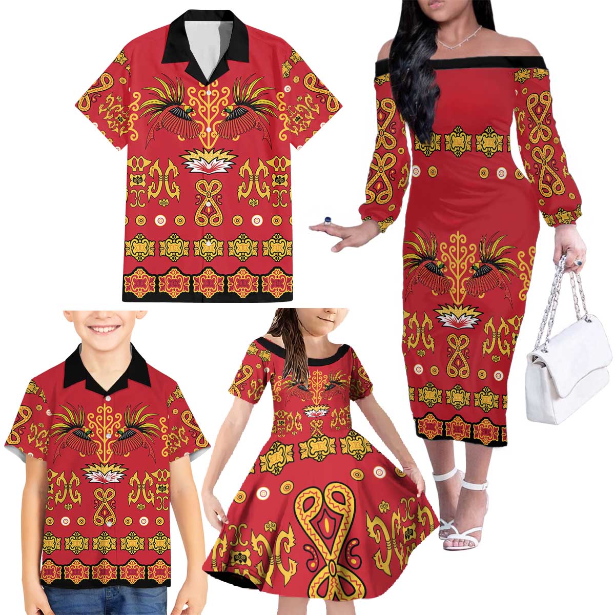 Papua Batik Motif Family Matching Off The Shoulder Long Sleeve Dress and Hawaiian Shirt Papua Spirit Red Version LT05 - Polynesian Pride