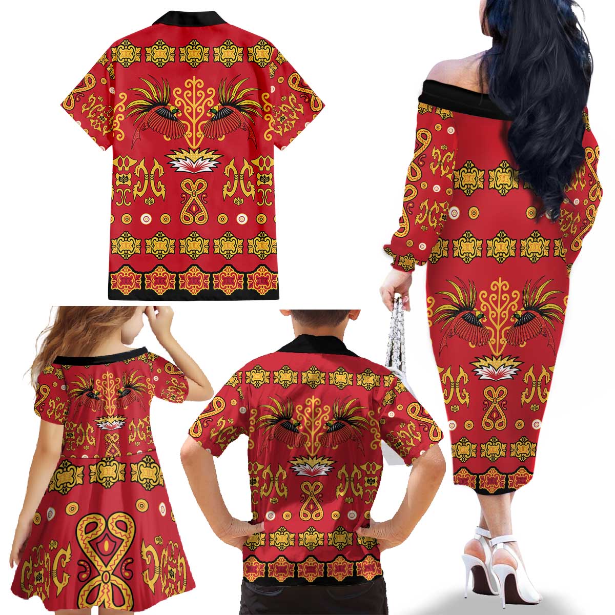 Papua Batik Motif Family Matching Off The Shoulder Long Sleeve Dress and Hawaiian Shirt Papua Spirit Red Version LT05 - Polynesian Pride