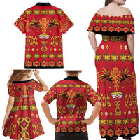 Papua Batik Motif Family Matching Off Shoulder Maxi Dress and Hawaiian Shirt Papua Spirit Red Version LT05 - Polynesian Pride