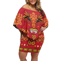 Papua Batik Motif Family Matching Off Shoulder Short Dress and Hawaiian Shirt Papua Spirit Red Version LT05 Mom's Dress Red - Polynesian Pride