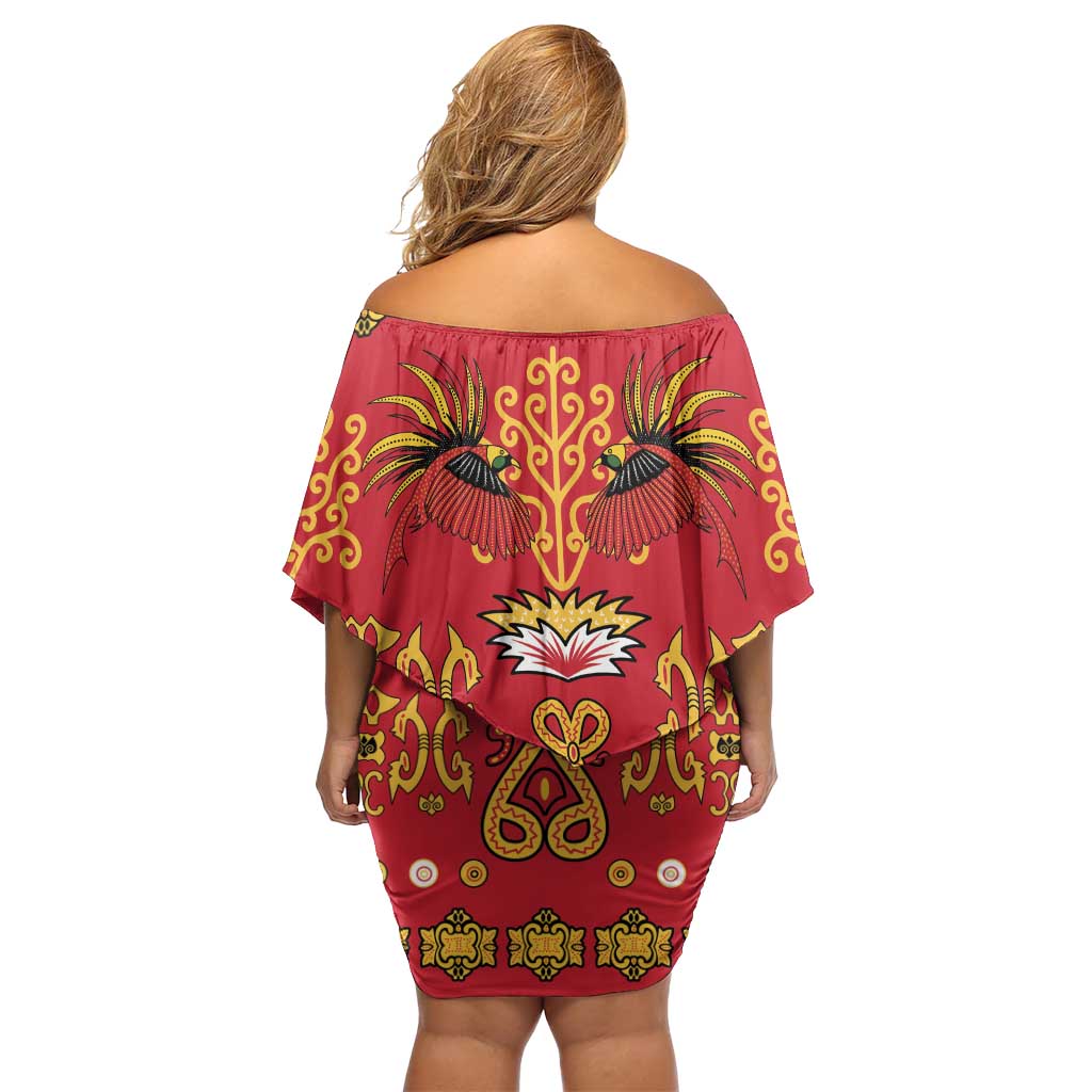 Papua Batik Motif Family Matching Off Shoulder Short Dress and Hawaiian Shirt Papua Spirit Red Version LT05 - Polynesian Pride